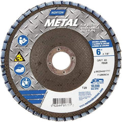 Norton - 60 Grit, 6" Disc Diam, 7/8" Center Hole, Type 29 Zirconia Alumina Flap Disc - 10,200 Max RPM, Fiberglass Backing, Arbor Attaching System, Coated - Exact Tool & Supply