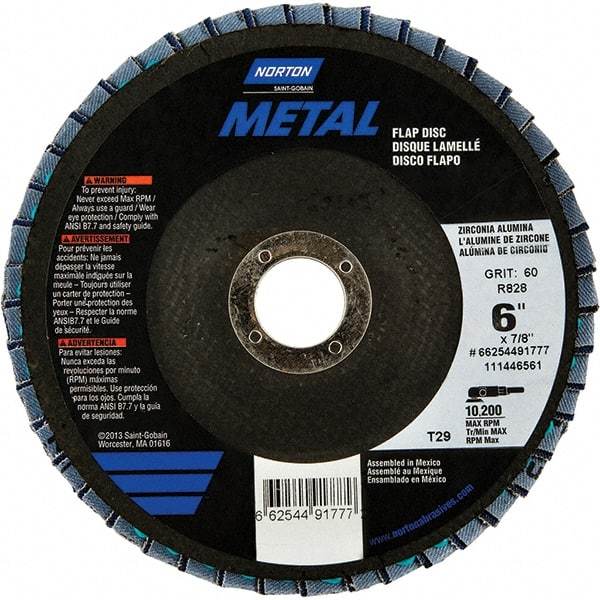 Norton - 40 Grit, 6" Disc Diam, 7/8" Center Hole, Type 29 Zirconia Alumina Flap Disc - 10,200 Max RPM, Fiberglass Backing, Arbor Attaching System, Coated - Exact Tool & Supply