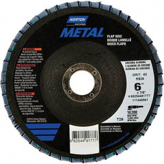 Norton - 40 Grit, 6" Disc Diam, 7/8" Center Hole, Type 29 Zirconia Alumina Flap Disc - 10,200 Max RPM, Fiberglass Backing, Arbor Attaching System, Coated - Exact Tool & Supply
