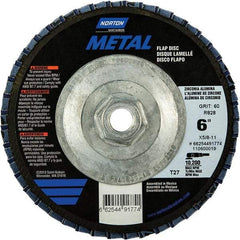 Norton - 40 Grit, 6" Disc Diam, 5/8-11 Center Hole, Type 27 Zirconia Alumina Flap Disc - 10,200 Max RPM, Fiberglass Backing, Arbor Attaching System, Coated - Exact Tool & Supply