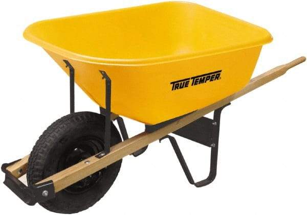 True Temper - 6 Cu Ft Capacity Wheelbarrow with 16" Pneumatic Wheel - Hardwood Handle, 60" Long x 30" Wide x 27" High, Yellow - Exact Tool & Supply