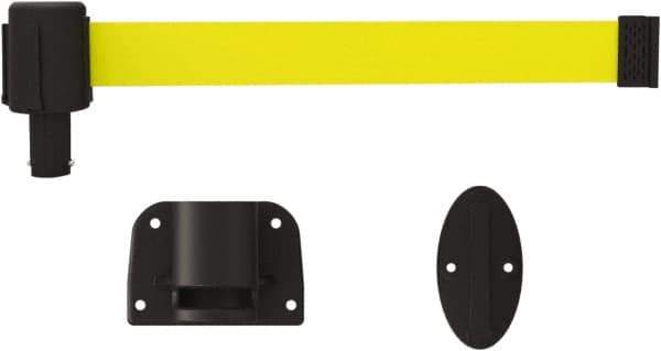 Banner Stakes - 6.61" High x 15' Long x 2" Wide Wall Mount Barrier - Plastic & Polyester, Matte Finish, Yellow, Used As Is - Exact Tool & Supply