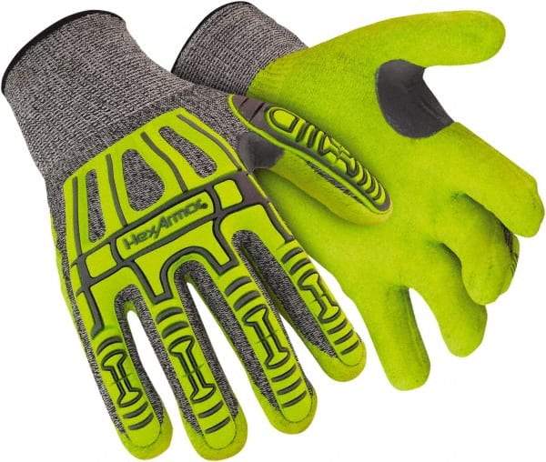 HexArmor - Size XL (10), ANSI Cut Lvl A4, Puncture Lvl 5, Abrasion Lvl 4, Nitrile Coated Polyethylene Cut & Puncture Resistant Gloves - Palm Coated, Elastic Knit Cuff, Hi-Vis Yellow/Gray, Paired - Exact Tool & Supply