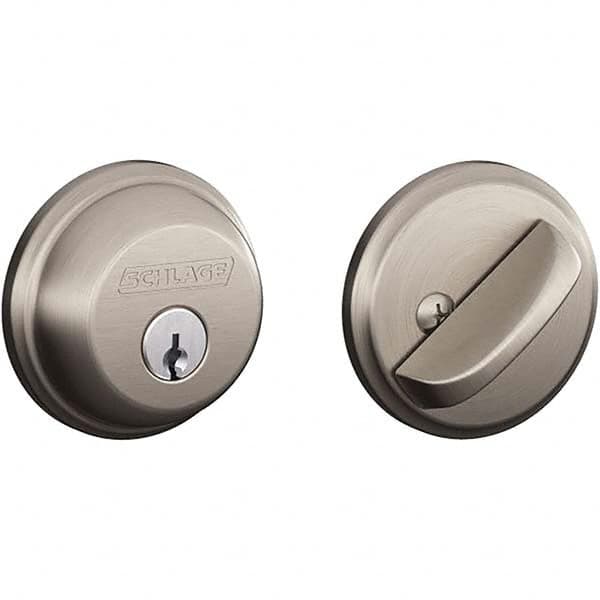 Schlage - 1-5/8 to 1-3/4" Door Thickness, Satin Stainless Steel Finish, Single Cylinder Deadbolt - Exact Tool & Supply