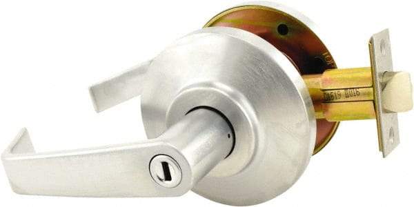 Stanley - Grade 2 Privacy Lever Lockset for 1-3/8 to 2" Thick Doors - 2-3/4" Back Set, No Cylinder, Brass, Satin Chrome Finish - Exact Tool & Supply