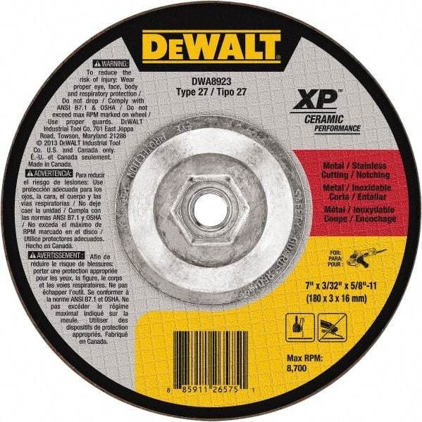 DeWALT - 7" Wheel Diam, 3/32" Wheel Thickness, 5/8" Arbor Hole, Type 27 Depressed Center Wheel - Fine/Coarse Grade, Ceramic, 8,700 Max RPM - Exact Tool & Supply