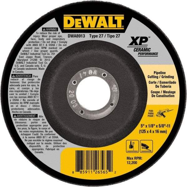 DeWALT - 5" Wheel Diam, 1/8" Wheel Thickness, 5/8" Arbor Hole, Type 27 Depressed Center Wheel - Fine/Coarse Grade, Ceramic, 12,200 Max RPM - Exact Tool & Supply