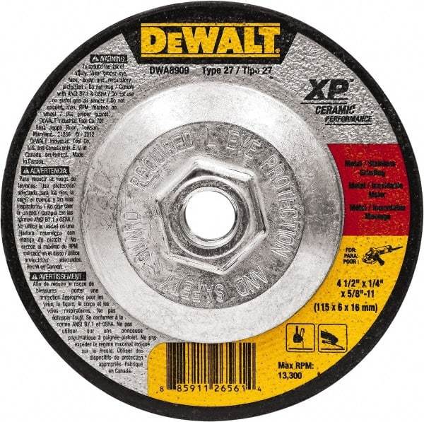 DeWALT - 4-1/2" Wheel Diam, 1/4" Wheel Thickness, 5/8" Arbor Hole, Type 27 Depressed Center Wheel - Fine/Coarse Grade, Ceramic, 13,300 Max RPM - Exact Tool & Supply