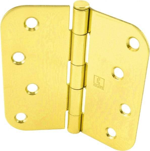 Hager - 4" Wide x 4" High 5/8 Radius Residential Hinge - Round Edge, Steel, Bright Brass Finish - Exact Tool & Supply