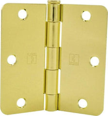 Hager - 3-1/2" Wide x 3-1/2" High 1/4 Radius Residential Hinge - Round Edge, Steel, Bright Brass Finish - Exact Tool & Supply