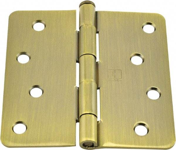 Hager - 4" Wide x 4" High 1/4 Radius Residential Hinge - Round Edge, Steel, Antique Brass Finish - Exact Tool & Supply