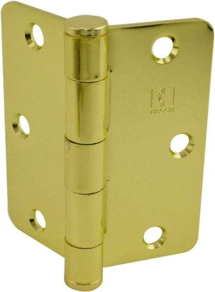 Hager - 3-1/2" Wide x 3-1/2" High Standard Weight Plain Bearing Residential Hinge - Round Edge, Steel, Bright Brass Finish - Exact Tool & Supply
