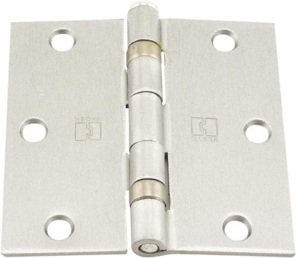 Hager - 3-1/2" Wide x 3-1/2" High Standard Weight Ball Bearing Residential Hinge - Square Edge, Steel, Satin Chrome Finish - Exact Tool & Supply
