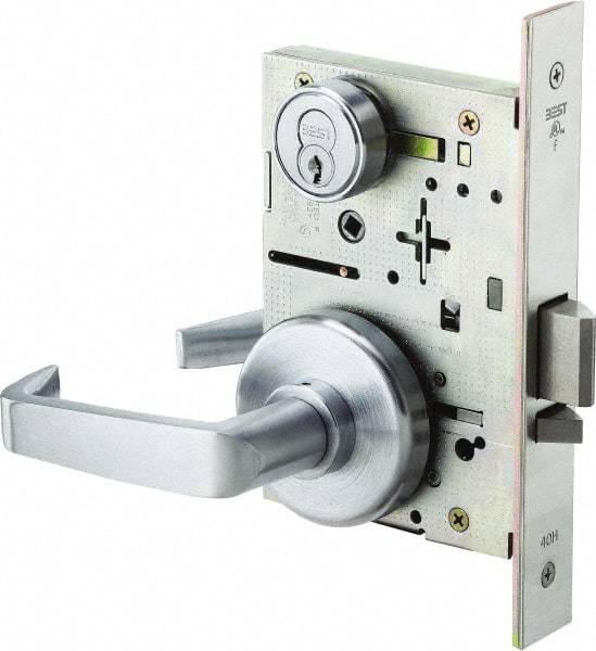 Stanley - Classroom Lever Lockset for 1-3/8 to 1-3/4" Thick Doors - 2-3/8 to 2-3/4" Back Set, Brass, Satin Chrome Finish - Exact Tool & Supply