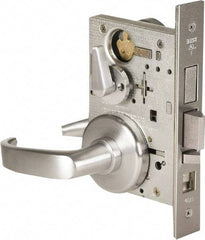 Stanley - Office Lever Lockset for 1-3/8 to 1-3/4" Thick Doors - 2-3/8 to 2-3/4" Back Set, Brass, Satin Chrome Finish - Exact Tool & Supply