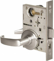 Stanley - Office Lever Lockset for 1-3/8 to 1-3/4" Thick Doors - 2-3/8 to 2-3/4" Back Set, Brass, Satin Chrome Finish - Exact Tool & Supply