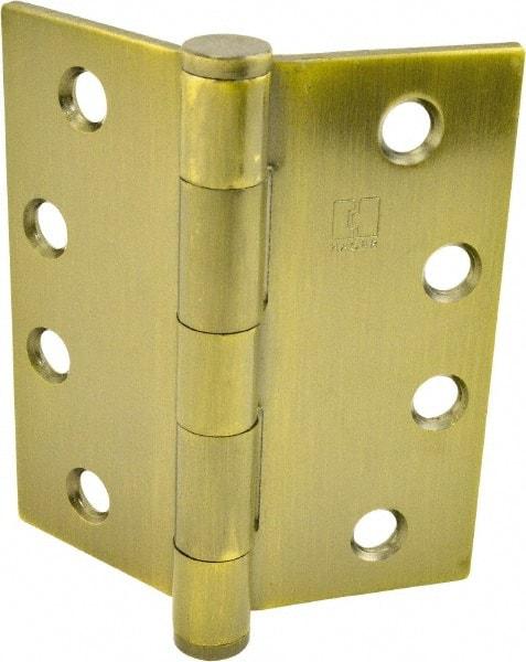 Hager - 4" Long x 4" Wide x 0.062" Thick, Steel Full Mortise Hinge - Antique Brass Finish, 5 Knuckles - Exact Tool & Supply