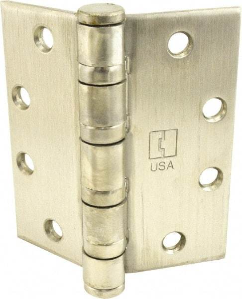 Hager - 4-1/2" Long x 4-1/2" Wide x 0.062" Thick, Stainless Steel Full Mortise Ball Bearing Hinge - Satin Stainless Steel Finish, 5 Knuckles - Exact Tool & Supply