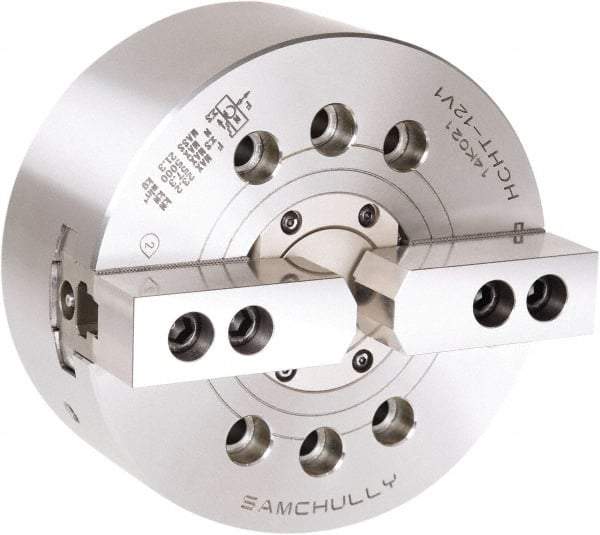 Samchully - 2 Jaw, 381mm Chuck Diam, Plain Back Mount, 0mm Through Hole Diam, Drawtube Hydraulic Power Lathe Chuck - 1.5mm x 60° Serrated Jaw Interface, 2,500 RPM, Steel Body - Exact Tool & Supply