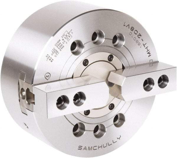 Samchully - 2 Jaw, 210mm Chuck Diam, Plain Back Mount, 66mm Through Hole Diam, Drawtube Hydraulic Power Lathe Chuck - 1.5mm x 60° Serrated Jaw Interface, 5,000 RPM, Steel Body - Exact Tool & Supply