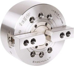 Samchully - 2 Jaw, 210mm Chuck Diam, Plain Back Mount, 66mm Through Hole Diam, Drawtube Hydraulic Power Lathe Chuck - 1.5mm x 60° Serrated Jaw Interface, 5,000 RPM, Steel Body - Exact Tool & Supply