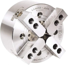 Samchully - 4 Jaw, 210mm Chuck Diam, Plain Back Mount, 66mm Through Hole Diam, Drawtube Hydraulic Power Lathe Chuck - 1.5mm x 60° Serrated Jaw Interface, 5,000 RPM, Steel Body - Exact Tool & Supply