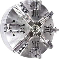 Samchully - 4 Jaw, 1400mm Chuck Diam, Plain Back Mount, 0mm Through Hole Diam, Drawbar Hydraulic Power Lathe Chuck - Tongue & Groove Jaw Interface, 400 RPM, Steel Body - Exact Tool & Supply