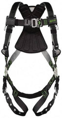 Miller - 400 Lb Capacity, Size Universal, Full Body Construction Safety Harness - Polyester (Outer) & Webbing, Tongue Leg Strap, Quick Connect Chest Strap, Green/Black - Exact Tool & Supply