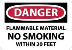 NMC - "Danger - Flammable Material - No Smoking Within 20 Feet", 10" Long x 14" Wide, Aluminum Safety Sign - Rectangle, 0.04" Thick, Use for Accident Prevention - Exact Tool & Supply