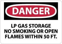NMC - "Danger - LP Gas Storage - No Smoking or Open Flames Within 50 Ft.", 10" Long x 14" Wide, Aluminum Safety Sign - Rectangle, 0.04" Thick, Use for Accident Prevention - Exact Tool & Supply