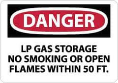 NMC - "Danger - LP Gas Storage - No Smoking or Open Flames Within 50 Ft.", 7" Long x 10" Wide, Pressure-Sensitive Vinyl Safety Sign - Rectangle, 0.004" Thick, Use for Accident Prevention - Exact Tool & Supply