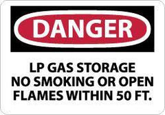 NMC - "Danger - LP Gas Storage - No Smoking or Open Flames Within 50 Ft.", 10" Long x 14" Wide, Pressure-Sensitive Vinyl Safety Sign - Rectangle, 0.004" Thick, Use for Accident Prevention - Exact Tool & Supply