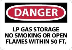 NMC - "Danger - LP Gas Storage - No Smoking or Open Flames Within 50 Ft.", 7" Long x 10" Wide, Rigid Plastic Safety Sign - Rectangle, 0.05" Thick, Use for Accident Prevention - Exact Tool & Supply