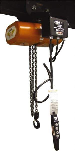 CM - 2 Ton Capacity, 16 FPM Lift Speed, 230/460 Volt, Hoist with Motorized Trolley - 15' Max Lift, 23-3/4" Min Headroom, 2 Chains - Exact Tool & Supply