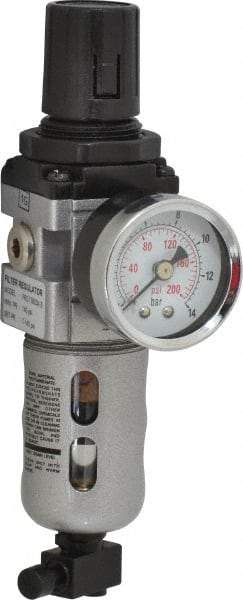 PRO-SOURCE - 1/8" NPT Port Miniature 1 Piece Filter/Regulator FRL Unit - Polycarbonate Bowl, 14 SCFM, 145 Max psi, 6.69" High, Manual Drain - Exact Tool & Supply