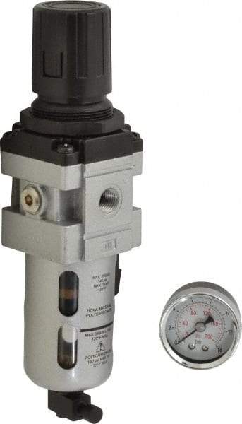 PRO-SOURCE - 1/4" NPT Port Intermediate 1 Piece Filter/Regulator FRL Unit - Polycarbonate Bowl, 63 SCFM, 145 Max psi, 8.66" High, Manual Drain - Exact Tool & Supply