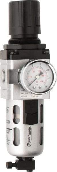 PRO-SOURCE - 3/8" NPT Port Intermediate 1 Piece Filter/Regulator FRL Unit - Polycarbonate Bowl, 77 SCFM, 145 Max psi, 8.66" High, Manual Drain - Exact Tool & Supply