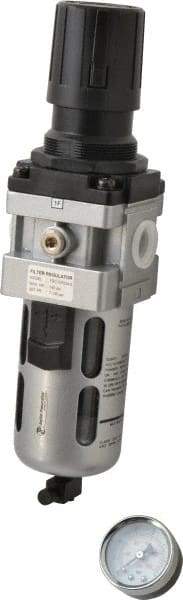 PRO-SOURCE - 1/2" NPT Port Standard 1 Piece Filter/Regulator FRL Unit - Polycarbonate Bowl, 106 SCFM, 145 Max psi, 112" High, Manual Drain - Exact Tool & Supply
