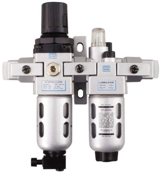 PRO-SOURCE - 1/4" NPT Port Intermediate 2 Piece Filter/Regulator-Lubricator FRL Unit - Polycarbonate Bowl, 53 SCFM, 145 Max psi, 8.66" High, Automatic Drain - Exact Tool & Supply