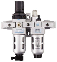 PRO-SOURCE - 1/4" NPT Port Intermediate 2 Piece Filter/Regulator-Lubricator FRL Unit - Polycarbonate Bowl, 53 SCFM, 145 Max psi, 8.66" High, Automatic Drain - Exact Tool & Supply