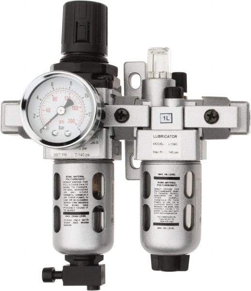 PRO-SOURCE - 1/8" NPT Port Miniature 2 Piece Filter/Regulator-Lubricator FRL Unit - Polycarbonate Bowl, 14 SCFM, 145 Max psi, 6.69" High, Manual Drain - Exact Tool & Supply