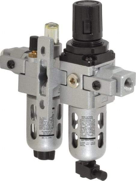 PRO-SOURCE - 1/4" NPT Port Miniature 2 Piece Filter/Regulator-Lubricator FRL Unit - Polycarbonate Bowl, 18 SCFM, 145 Max psi, 6.69" High, Manual Drain - Exact Tool & Supply