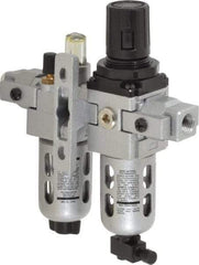 PRO-SOURCE - 1/4" NPT Port Miniature 2 Piece Filter/Regulator-Lubricator FRL Unit - Polycarbonate Bowl, 18 SCFM, 145 Max psi, 6.69" High, Manual Drain - Exact Tool & Supply