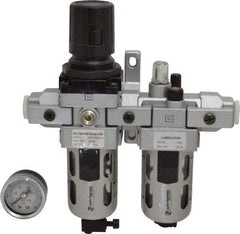 PRO-SOURCE - 3/8" NPT Port Intermediate 2 Piece Filter/Regulator-Lubricator FRL Unit - Polycarbonate Bowl, 63 SCFM, 145 Max psi, 8.66" High, Manual Drain - Exact Tool & Supply