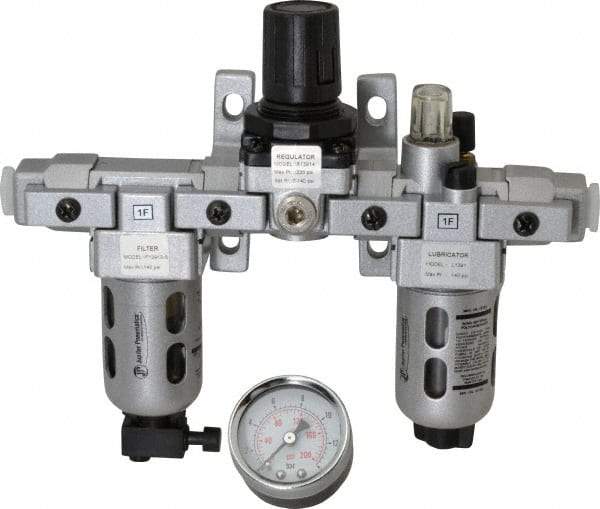 PRO-SOURCE - 1/4" NPT Port Miniature 3 Piece Filter-Regulator-Lubricator FRL Unit - Polycarbonate Bowl, 18 SCFM, 145 Max psi, 6.69" High, Manual Drain - Exact Tool & Supply