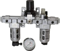 PRO-SOURCE - 1/4" NPT Port Miniature 3 Piece Filter-Regulator-Lubricator FRL Unit - Polycarbonate Bowl, 18 SCFM, 145 Max psi, 6.69" High, Manual Drain - Exact Tool & Supply