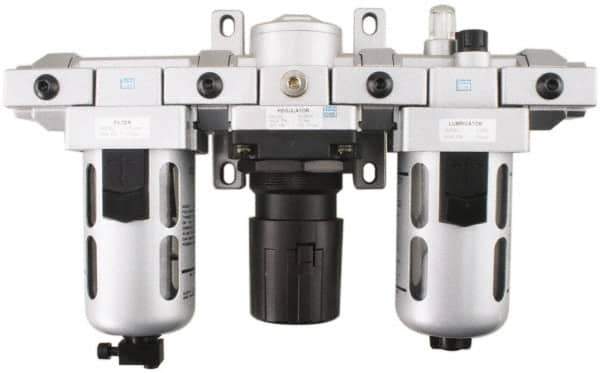PRO-SOURCE - 1/2" NPT Port Standard 3 Piece Filter-Regulator-Lubricator FRL Unit - Polycarbonate Bowl, 106 SCFM, 145 Max psi, 112" High, Automatic Drain - Exact Tool & Supply