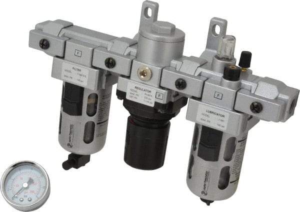 PRO-SOURCE - 1/4" NPT Port Intermediate 3 Piece Filter-Regulator-Lubricator FRL Unit - Polycarbonate Bowl, 46 SCFM, 145 Max psi, 8.66" High, Manual Drain - Exact Tool & Supply