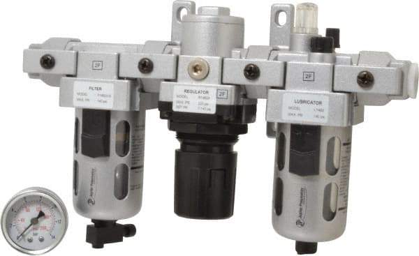 PRO-SOURCE - 3/8" NPT Port Intermediate 3 Piece Filter-Regulator-Lubricator FRL Unit - Polycarbonate Bowl, 71 SCFM, 145 Max psi, 8.66" High, Manual Drain - Exact Tool & Supply