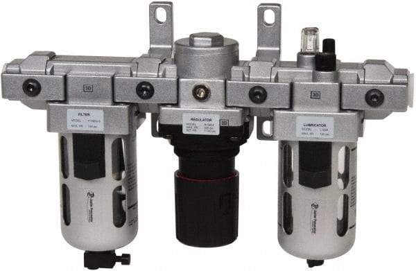 PRO-SOURCE - 1/2" NPT Port Standard 3 Piece Filter-Regulator-Lubricator FRL Unit - Polycarbonate Bowl, 106 SCFM, 145 Max psi, 112" High, Manual Drain - Exact Tool & Supply